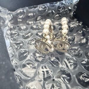 CHANEL Pearl and Silver Logo Earrings